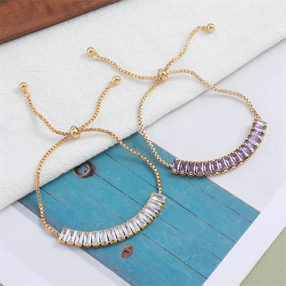 Handmade Geometric Circle & Square Zircon Bracelet - Genuine Gold Plated Copper, Light Luxury Style Adjustable Women's Jewelry in Silver & Purple