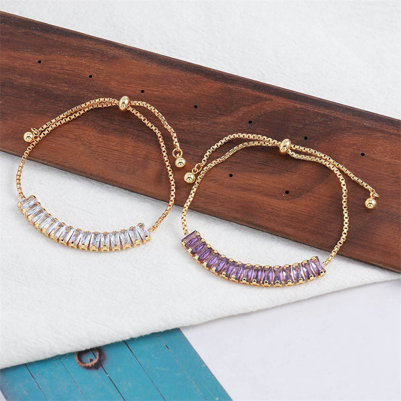 Handmade Geometric Circle & Square Zircon Bracelet - Genuine Gold Plated Copper, Light Luxury Style Adjustable Women's Jewelry in Silver & Purple