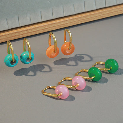 Handmade Geometric Drop Earrings with Natural Stone - Gold Plated Brass in Blue, Pink, Orange & Green