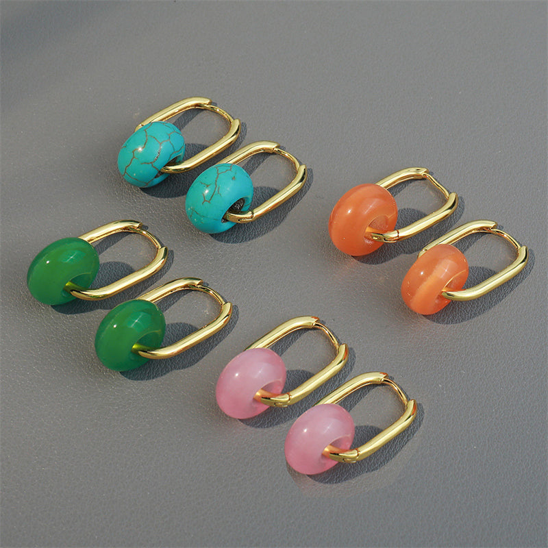 Handmade Geometric Drop Earrings with Natural Stone - Gold Plated Brass in Blue, Pink, Orange & Green