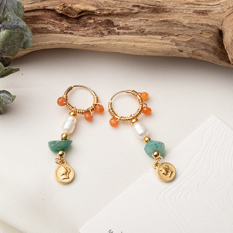 Handmade Geometric Drop Earrings with Natural Stone - Titanium Steel Gold Plated Minimalist Jewelry for Women