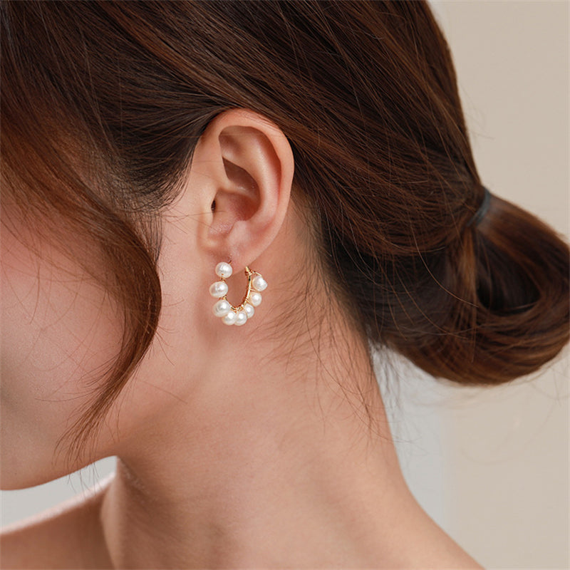 Handmade Geometric Gold-Plated Pearl Hoop Earrings with Natural Freshwater Pearl - 925 Silver Posts