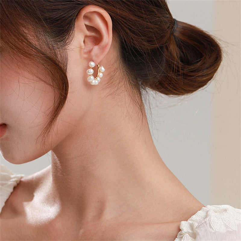 Handmade Geometric Gold-Plated Pearl Hoop Earrings with Natural Freshwater Pearl - 925 Silver Posts