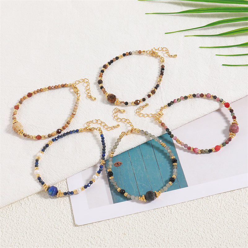 Handmade Geometric Hexagon Gemstone Bracelet for Women - Genuine Gold Plated Copper with Lapis Lazuli, Black Onyx, Tiger Eye, Tourmaline & Natural Stones
