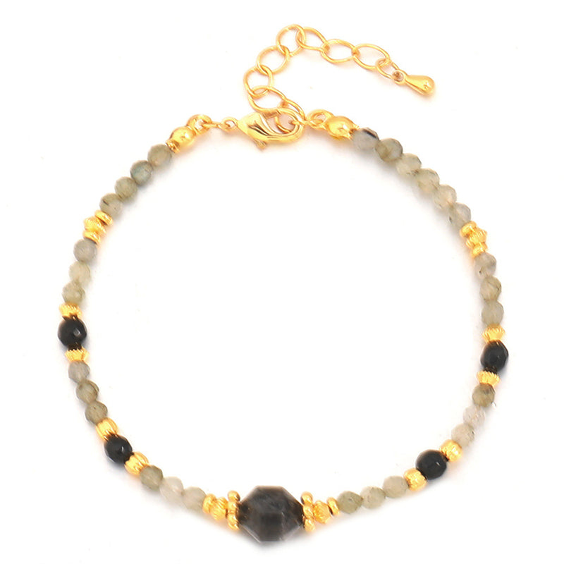 Handmade Geometric Hexagon Gemstone Bracelet for Women - Genuine Gold Plated Copper with Lapis Lazuli, Black Onyx, Tiger Eye, Tourmaline & Natural Stones