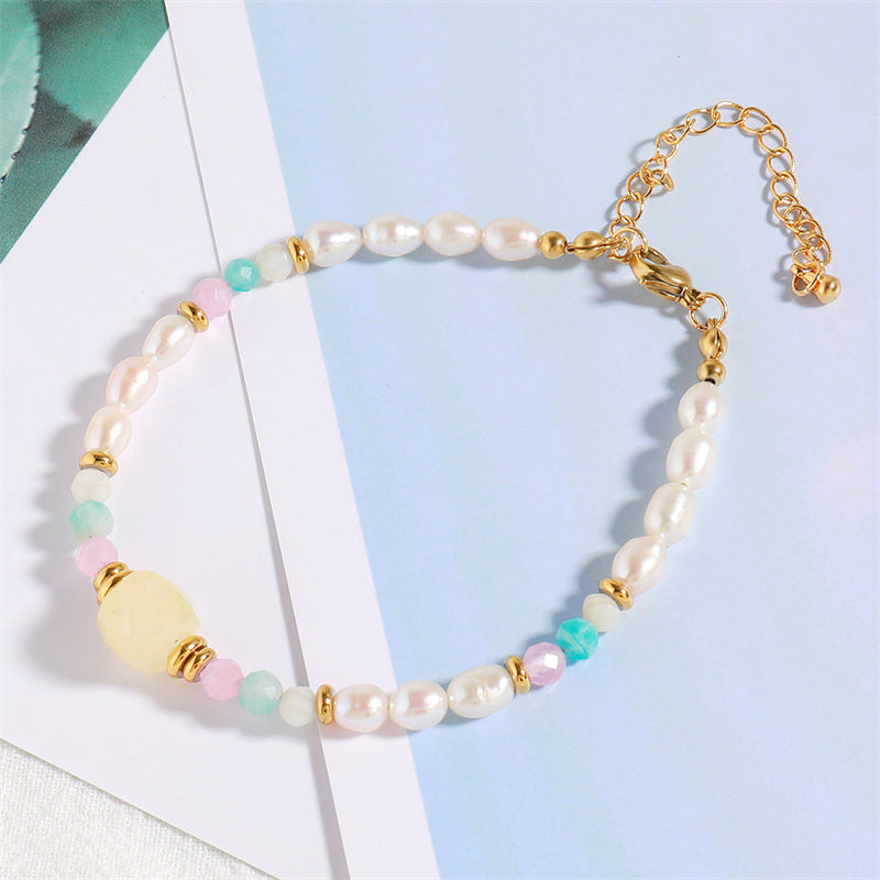 Handmade Irregular Asymmetrical Geometric Bracelet - Mixed Natural Stone, Pearl & Stainless Steel, Korean Style Sweet Fresh Gold Plated Women's Jewelr