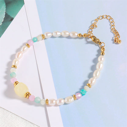 Handmade Irregular Asymmetrical Geometric Bracelet - Mixed Natural Stone, Pearl & Stainless Steel, Korean Style Sweet Fresh Gold Plated Women's Jewelr