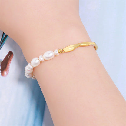Handmade Irregular Geometric Natural Pearl Bracelet - Genuine Gold Plated Copper Light Luxury Women's Jewelry 10.6g