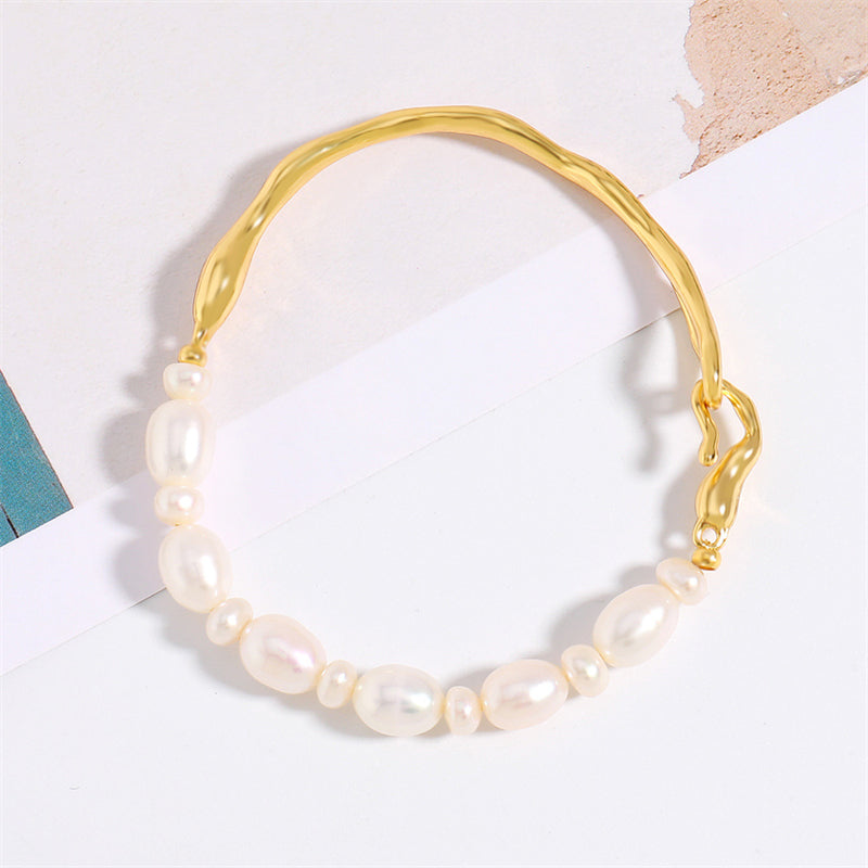 Handmade Irregular Geometric Natural Pearl Bracelet - Genuine Gold Plated Copper Light Luxury Women's Jewelry 10.6g