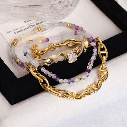 Handmade Square Geometric Vintage Bracelet Set - Zircon, Fluorite, African Turquoise, Glass Beads & Copper Electroplated Jewelry