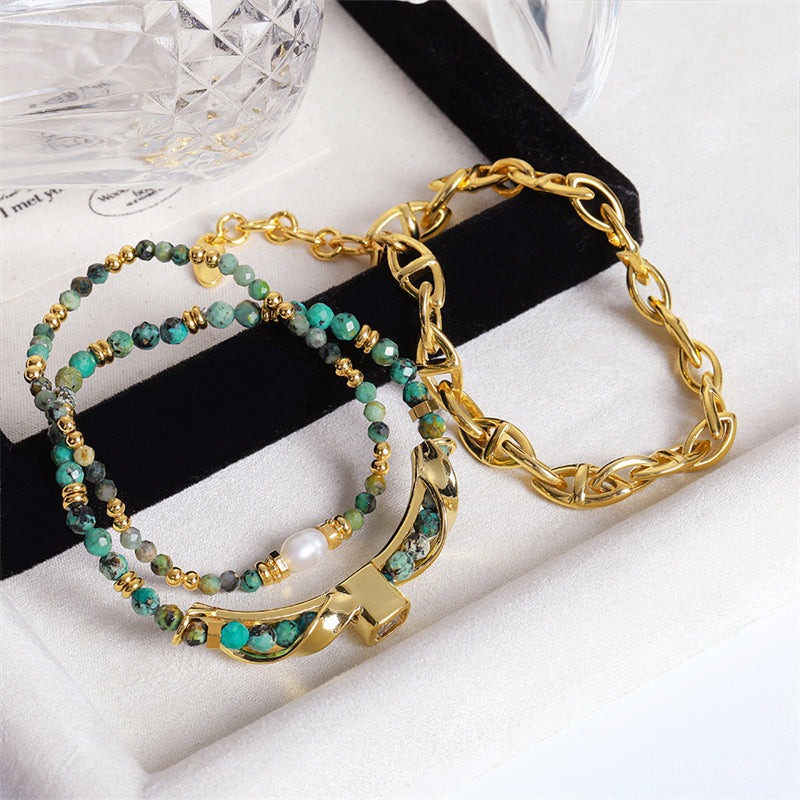 Handmade Square Geometric Vintage Bracelet Set - Zircon, Fluorite, African Turquoise, Glass Beads & Copper Electroplated Jewelry