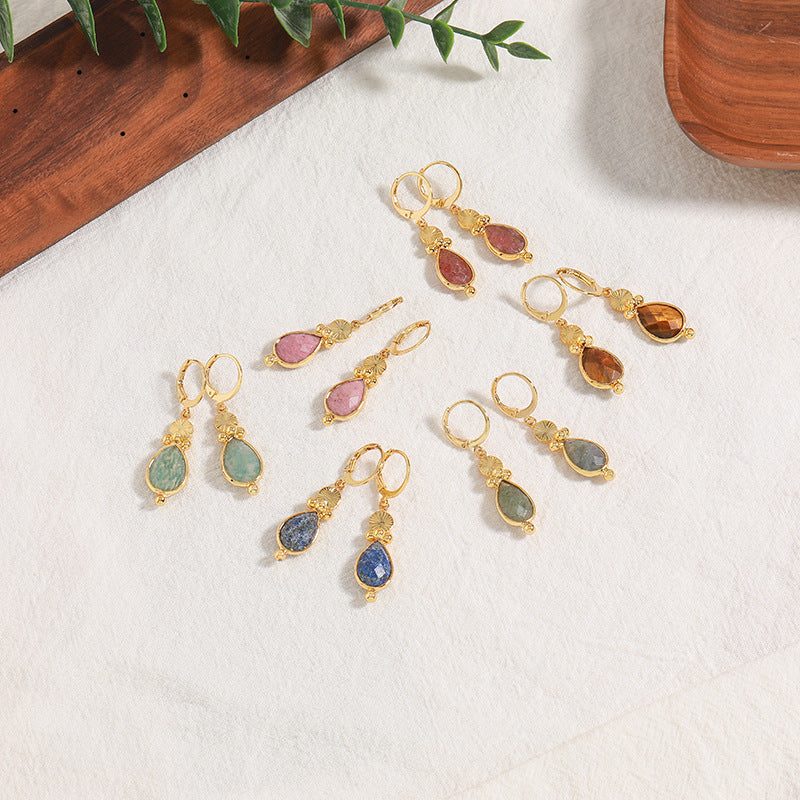 Handmade Teardrop Natural Stone Earrings in Vacuum Gold - Chinese Style Bohemian Retro Earrings for Women