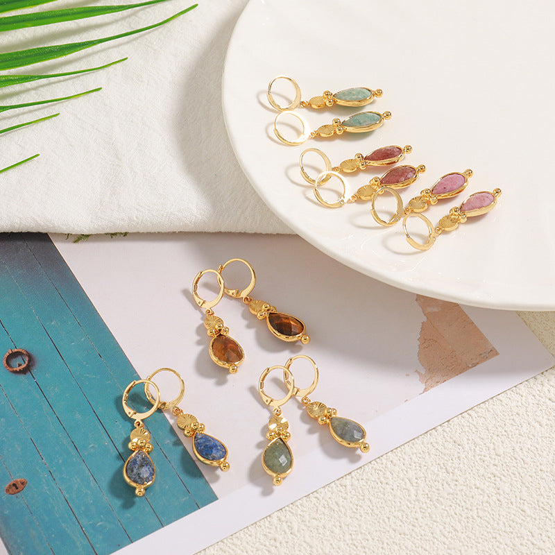 Handmade Teardrop Natural Stone Earrings in Vacuum Gold - Chinese Style Bohemian Retro Earrings for Women