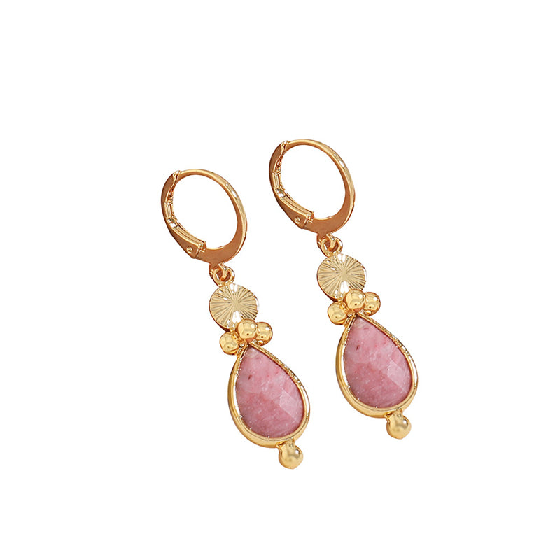 Handmade Teardrop Natural Stone Earrings in Vacuum Gold - Chinese Style Bohemian Retro Earrings for Women
