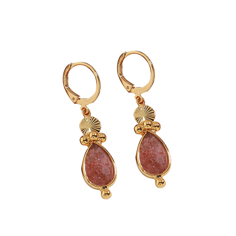 Handmade Teardrop Natural Stone Earrings in Vacuum Gold - Chinese Style Bohemian Retro Earrings for Women