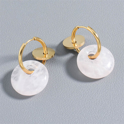 Handmade Geometric Drop Earrings with Natural Stone - Stainless Steel Gold Plated Retro Jewelry for Women