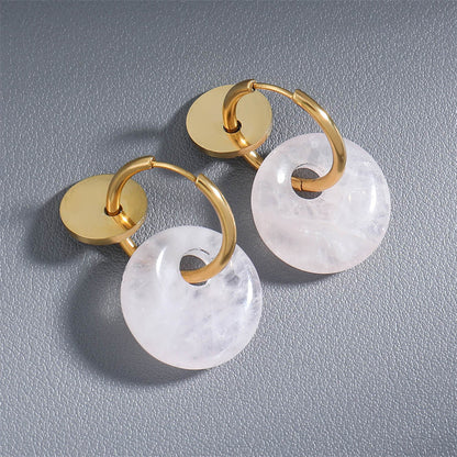 Handmade Geometric Drop Earrings with Natural Stone - Stainless Steel Gold Plated Retro Jewelry for Women