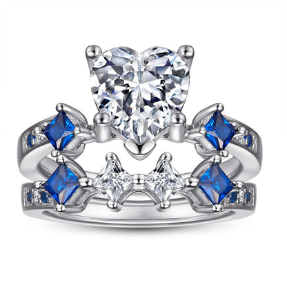 Heart-Shaped Blue Zirconia 925 Silver Ring Set - Modern Stackable Jewelry