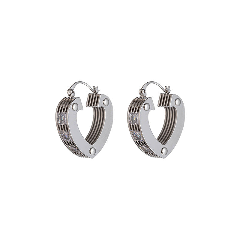 Heart, Peach & Rectangle 925 Silver Earrings with White Zircon - 18K Gold Plated Geometric Design for Women