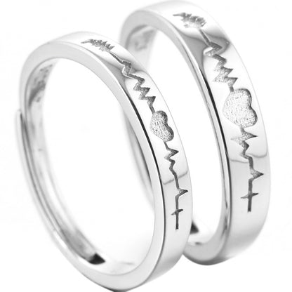 Heartbeat Couple Rings - 925 Sterling Silver ECG Rhythm Adjustable Matching Set