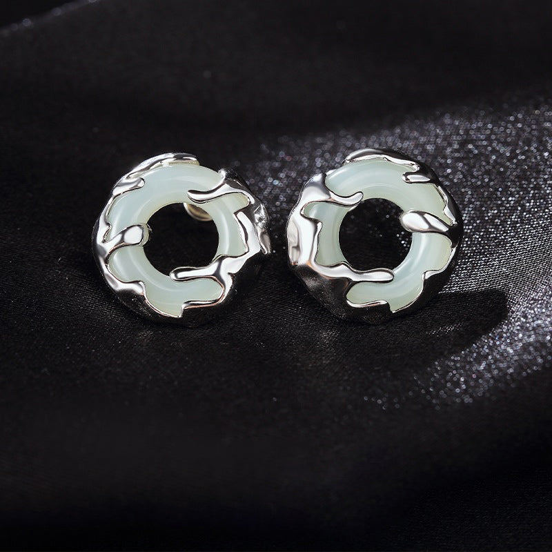 925 Sterling Silver Hetian Jade Earrings - Chinese Style Peace Buckle Design