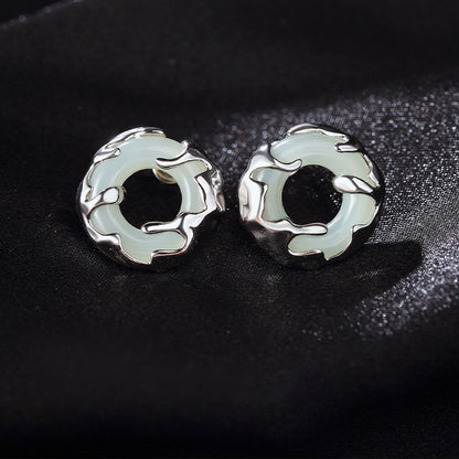 925 Sterling Silver Hetian Jade Earrings - Chinese Style Peace Buckle Design
