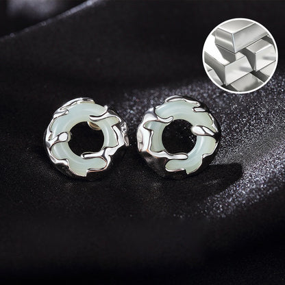 925 Sterling Silver Hetian Jade Earrings - Chinese Style Peace Buckle Design