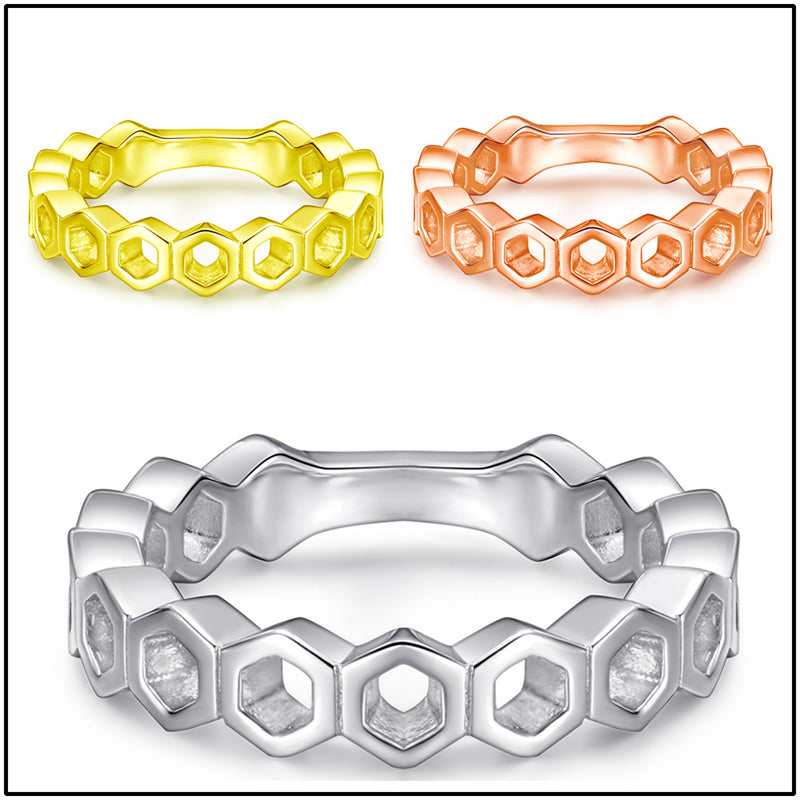 Hexagonal Honeycomb 925 Silver Ring - Geometric Openwork Band in Three Finishes