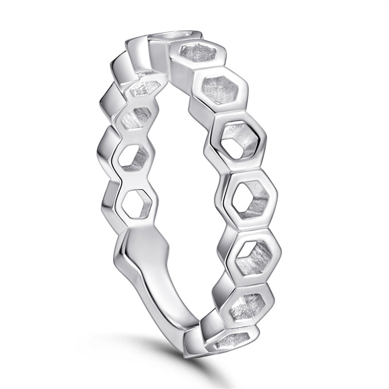 Hexagonal Honeycomb 925 Silver Ring - Geometric Openwork Band in Three Finishes