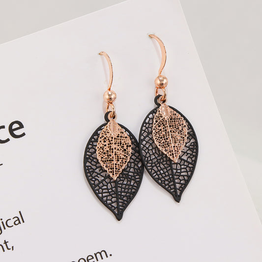 Black Copper Leaf Dangle Earrings, Vintage Nature-Inspired Jewelry