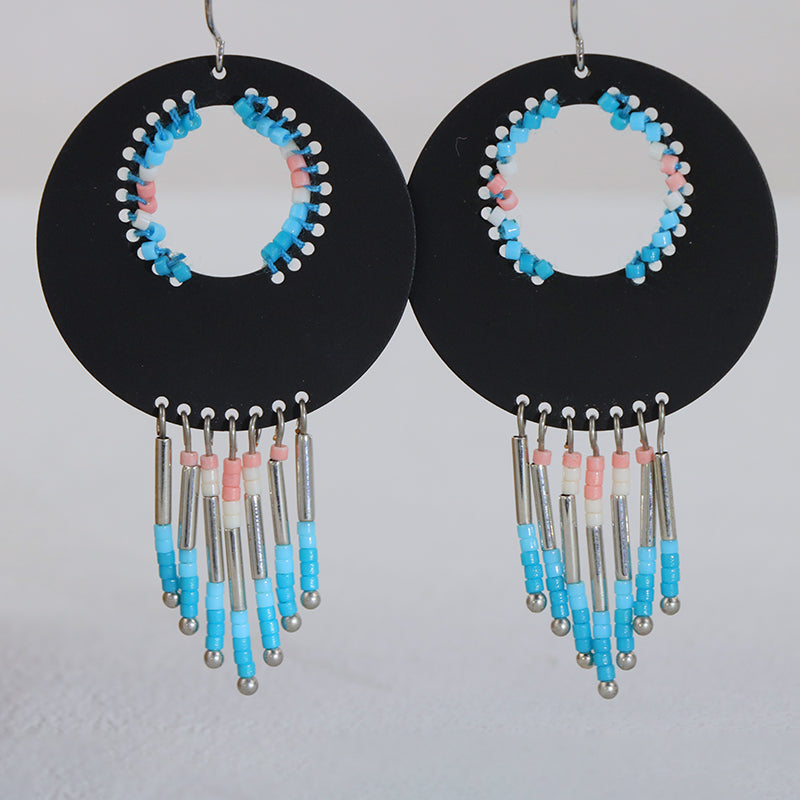 Ethnic Black Copper Asymmetrical Earrings with Tassels