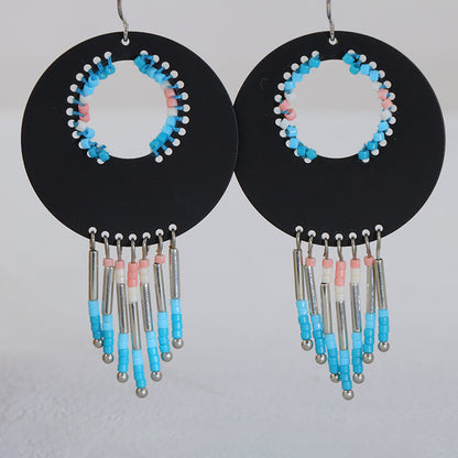 Ethnic Black Copper Asymmetrical Earrings with Tassels