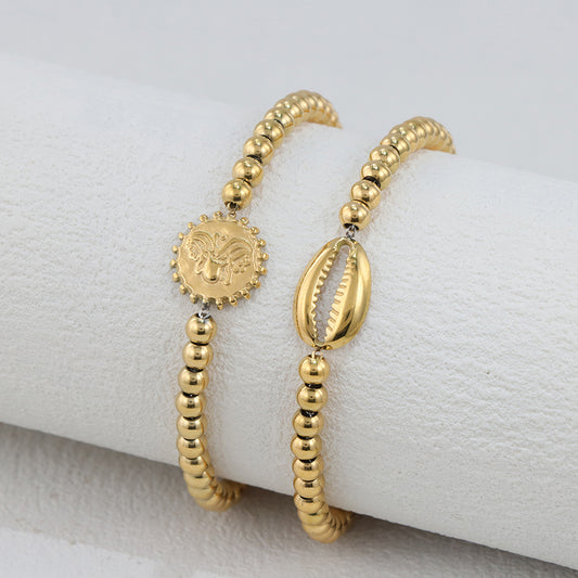 Gold Beaded Bracelet with Shell Charms - Stainless Steel Traditional Prayer Jewelry for Men & Women