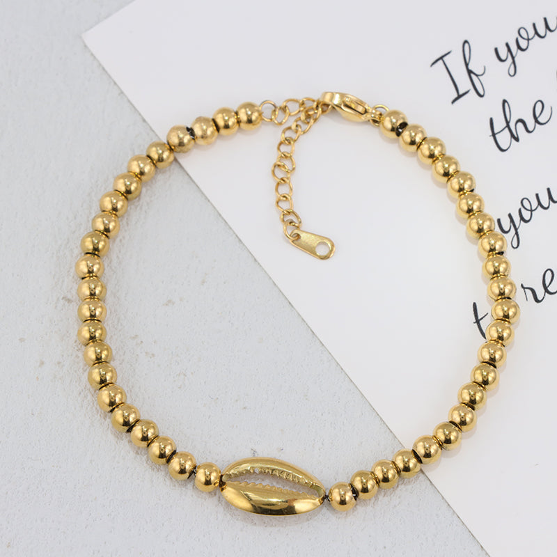Gold Beaded Bracelet with Shell Charms - Stainless Steel Traditional Prayer Jewelry for Men & Women