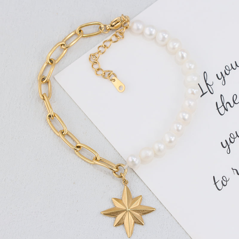 Gold Octagram Star Bracelet - Stainless Steel & Pearl Celestial Jewelry for Women