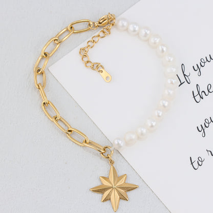 Gold Octagram Star Bracelet - Stainless Steel & Pearl Celestial Jewelry for Women