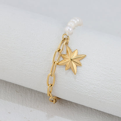 Gold Octagram Star Bracelet - Stainless Steel & Pearl Celestial Jewelry for Women