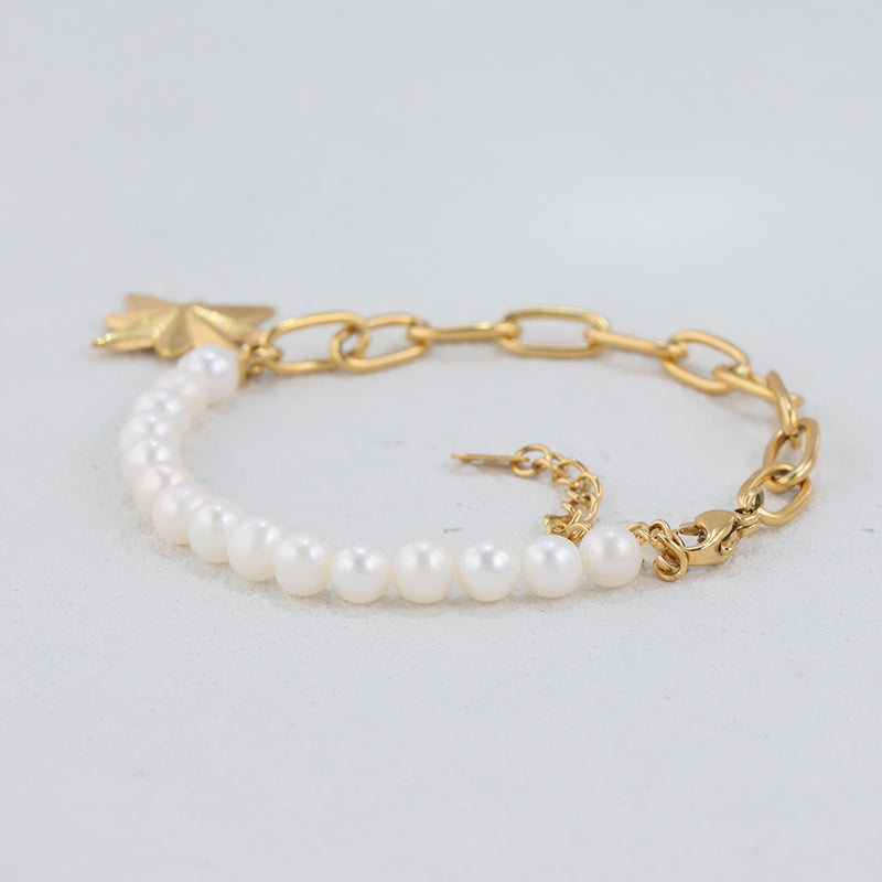 Gold Octagram Star Bracelet - Stainless Steel & Pearl Celestial Jewelry for Women
