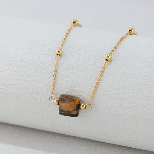 Elegant Golden Stainless Steel O Chain Necklace with Tiger Eye Accents