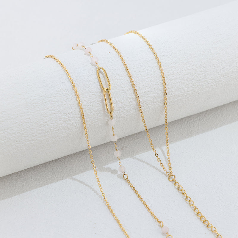 Gold Stainless Steel O Chain Necklace - Vintage Style with Pink Jade