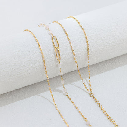 Gold Stainless Steel O Chain Necklace - Vintage Style with Pink Jade