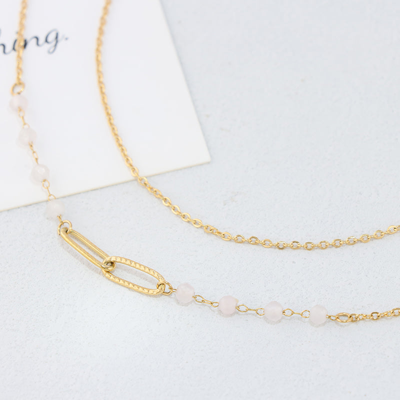 Gold Stainless Steel O Chain Necklace - Vintage Style with Pink Jade