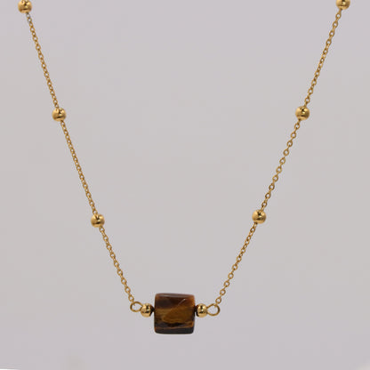 Elegant Golden Stainless Steel O Chain Necklace with Tiger Eye Accents