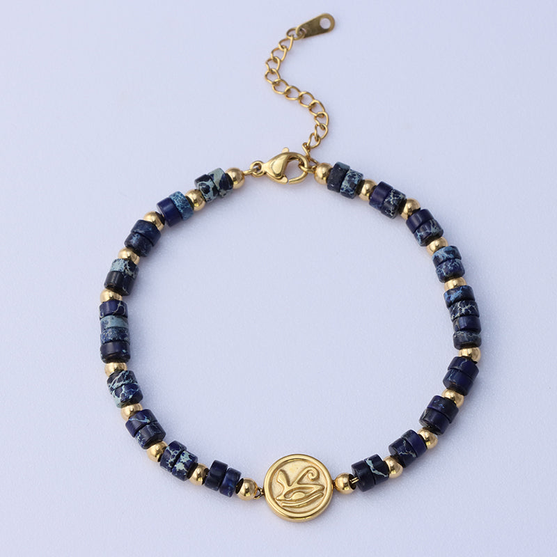 Blue Lapis Lazuli Beaded Bracelet - Gold Accented Stainless Steel Statement Jewelry