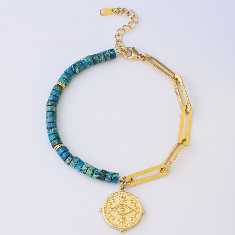 Blue Lapis Lazuli Evil Eye Bracelet - Stainless Steel Curb Chain Women's Jewelry