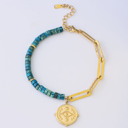 Blue Lapis Lazuli Evil Eye Bracelet - Stainless Steel Curb Chain Women's Jewelry