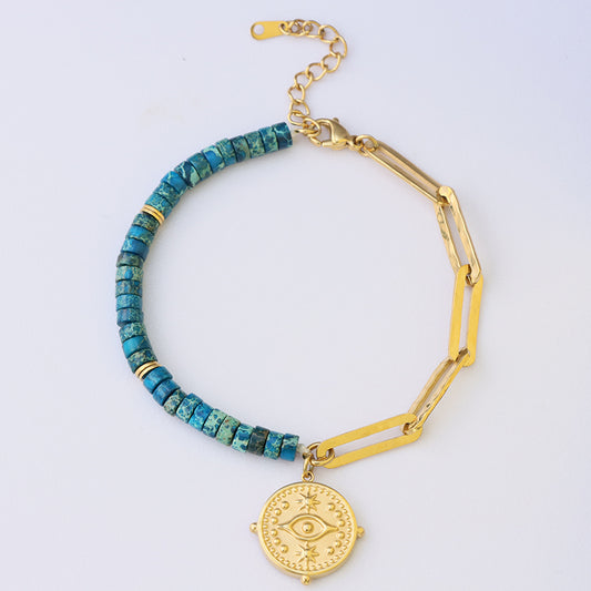 Blue Lapis Lazuli Evil Eye Bracelet - Stainless Steel Curb Chain Women's Jewelry