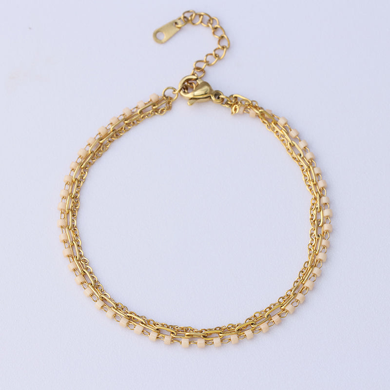 Delicate Pink Beaded Bracelet - Stainless Steel Curb & O-Link Chain Jewelry