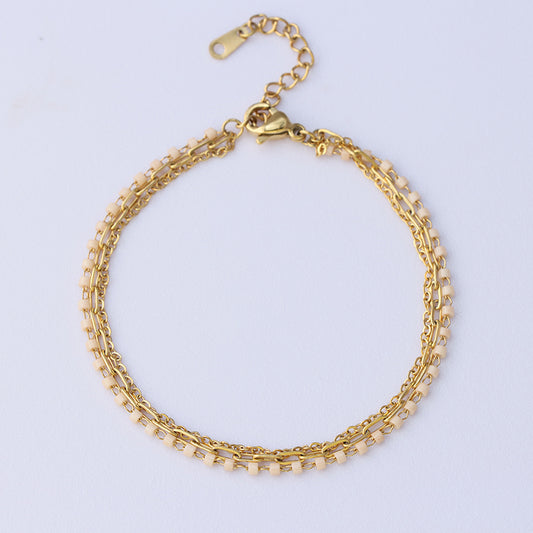 Delicate Pink Beaded Bracelet - Stainless Steel Curb & O-Link Chain Jewelry