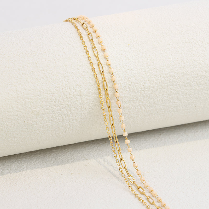 Delicate Pink Beaded Bracelet - Stainless Steel Curb & O-Link Chain Jewelry